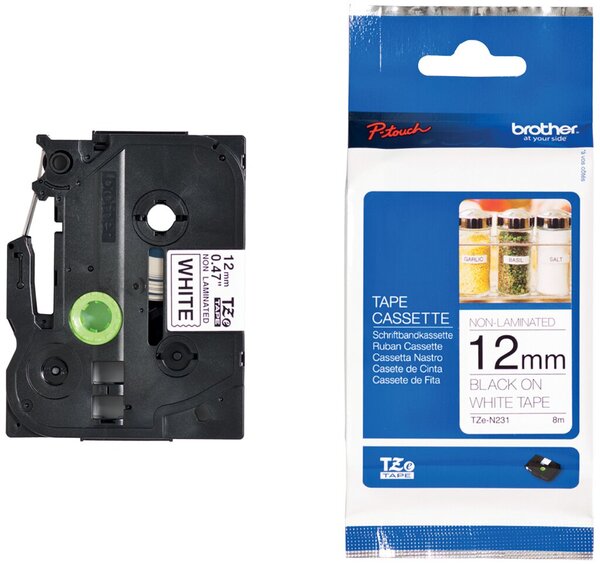 Schriftbandkassette, TZe-N231, 12 mm breit / 8 m lang, schwarz auf weiß, nicht laminiert