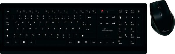 Funk-Tastatur Maus Set, 5-Tasten Maus, 107 ultraflache Tasten, QWERTZ (DE/AT), 449 x 157 x 20 mm benötigt 2x Micro (AAA) Batterien nicht im Lieferumfang enthalten, schwarz