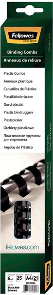 Plastikbinderücken 6 mm, für 2 - 25 Blatt, schwarz, US-Teilung 21 Ringe, 100 Stück