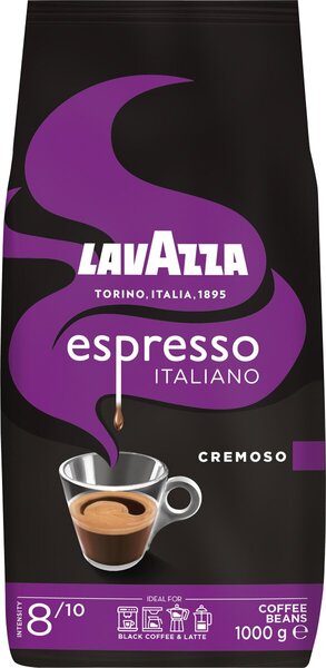 Lavazza espresso Italiano Cremoso, 1.000 g, ganze Bohnen, Aroma: Schokoladennoten, Intensität: 8, Röstung: Medium.