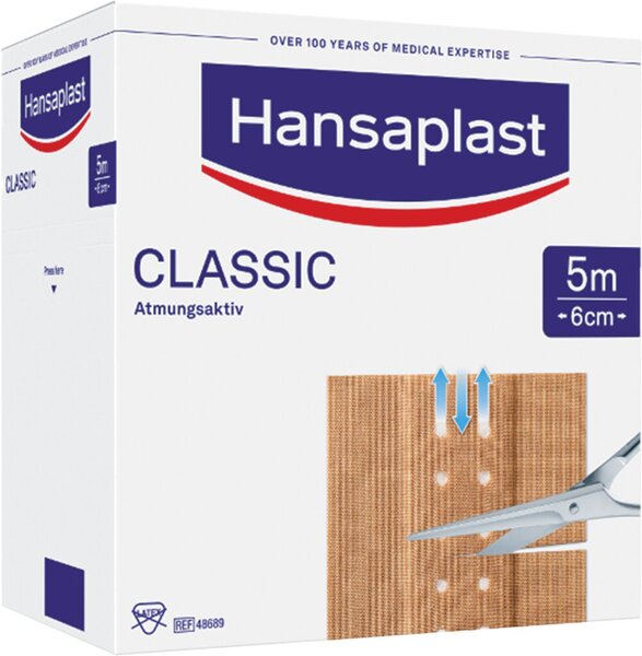 Hansaplast, starres Wundpflaster, hautfarbenes Viskosegewebe, luftdurchlässig. 5 m x 6 cm