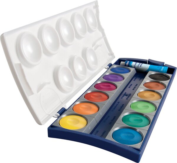 Deckfarbkasten K12, 12 Farben, Deckweiß, Mischtöpfe im abnehmbaren Deckel, blau