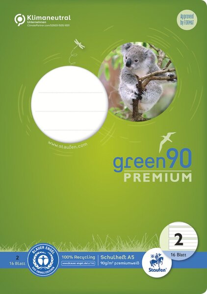 Green Schulheft, DIN A5, Lineatur 2, 16 Blatt, 90g/qm, 4/4/4 mm, liniert, farbig