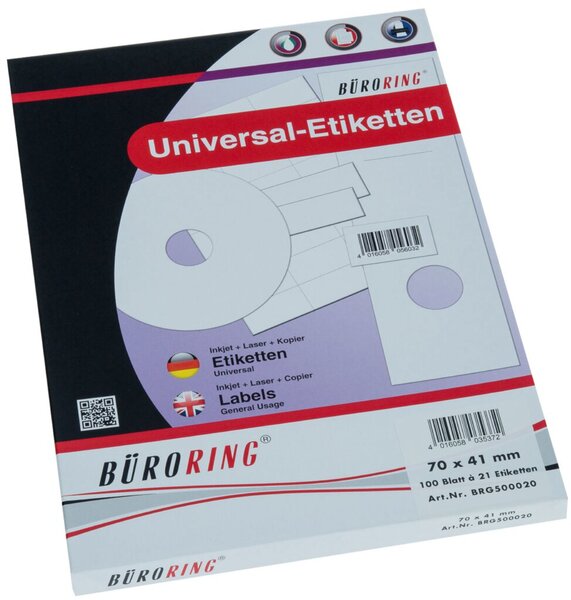 Etiketten, 70 x 41 mm, weiß, 2.100 Etiketten, lösungsmittelfrei, Inkjet-, Laserdrucker, Kopierer, 100 Blatt