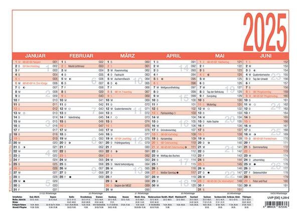 Arbeitstagekalender, 6 Monate/1 Seite, 29,7 x 21 cm, aus Karton