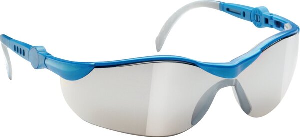 Schutzbrille Profi, Einscheiben Bügelbrille, vespiegelte Gläser, Rahmen blau