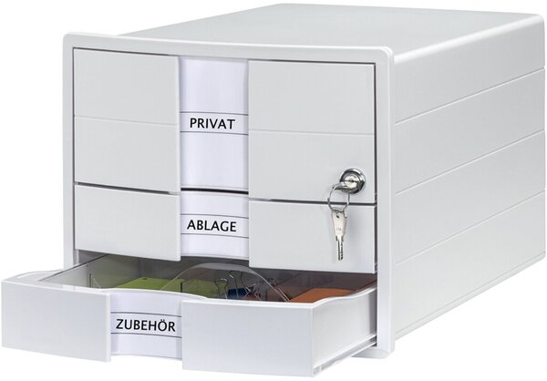 Schubladenbox IMPULS, 3 Schübe, geschlossen, 2 Standard Schübe, 1 hohe Schublade, Zylinderschloß an oberser Schublade, weiß/weiß, (H x B x T) 235 x 280 x 368 mm
