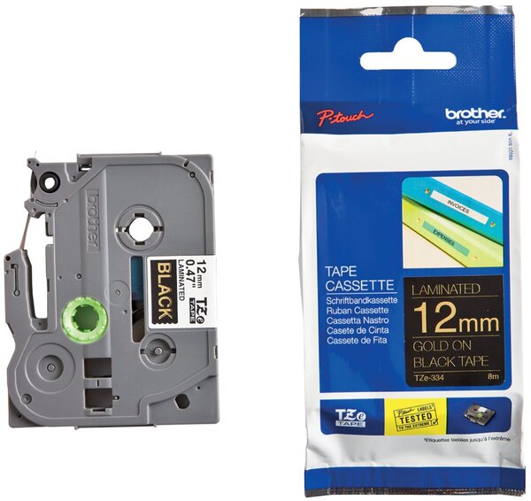 Schriftbandkassette, TZe-334, 12 mm breit / 8 m lang, gold auf schwarz, laminiert