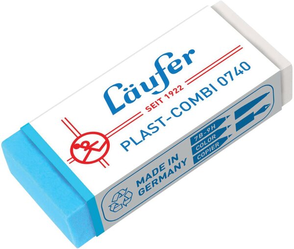 Radierer Plast-Combi 0740, für Bleistifte/Farbsifte/Kugelschreiber/Faserschreiber/Tinte/Tusche, Kunststoffradierer, 46 x 20 x 9 mm, Radierer weiß/blau, Banderole weiß