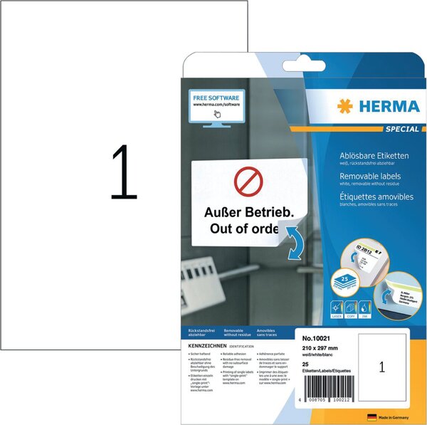 Etiketten, 210 x 297 mm, weiß, 25 Etiketten, ablösbar, 25 Blatt