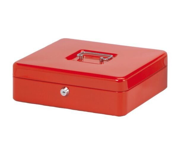 Geldkassette, rot, 301 x 250 x 89 mm, lackierter Stahl, Sicherheitszylinderschloss