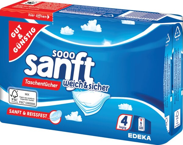 Taschentücher 4-lagig, weißes Tissue, Packung à 6 Päckchen x 10 Tücher