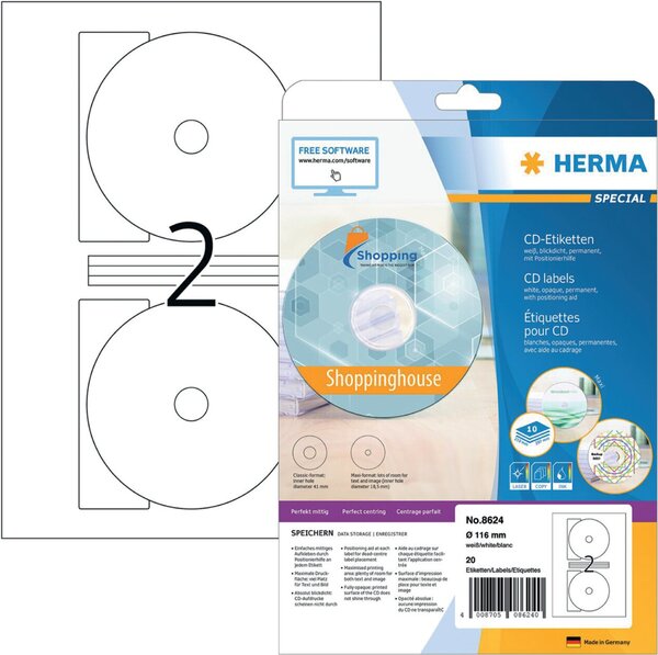 CD-Etiketten Ø 116 mm (Innenloch groß), weiß, 20 Etiketten, Papier, blickdicht, permanent haftend, Inkjet-, Laserdrucker, Kopierer, Packung à 10 Blatt