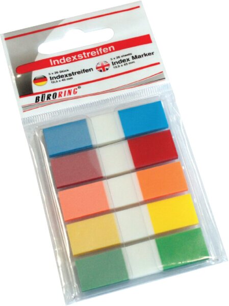 Haftstreifen, 12,5 x 43 mm, 5 x 26 Streifen, Plastik, sortiert blau, grün, gelb, orange, pink