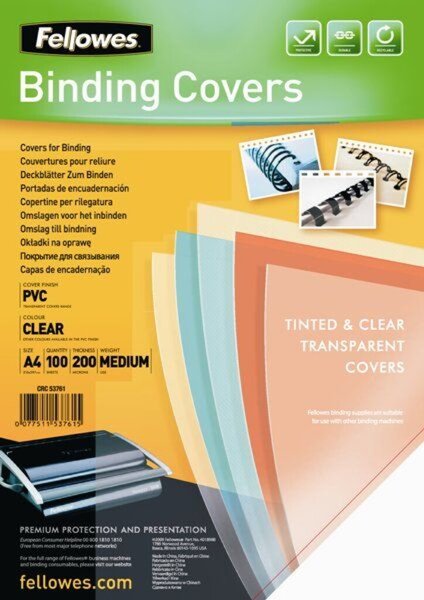 Umschlagfolie PVC Deckblatt, DIN A4, klar, 200 mic, transparent, Drahtbindungen, Plastikbindungen, 100 Stück