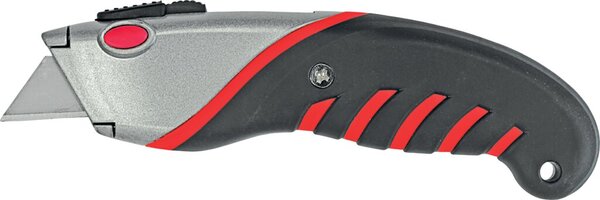 Cutter Sicherheit Universal, Trapezklinge, automatischer Klingenrückzug/Feststellklinge, Rechtshänder/Linkshänder, Metallgehäuse, inklusiv 5 Ersatzklingen, schwarz/rot