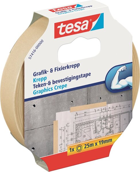 Kreppklebeband, tesa Grafik- und Fixier-Krepp, rückstandsfrei ablösbar, beschreibbar, 19 mm x 25 m, beige