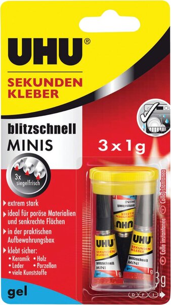 UHU Sekundenkleber blitzschnell mini, 3 x 1g, extrem starker Sekundenkleber - portioniert in 1 g Tuben, siegelfrisch.