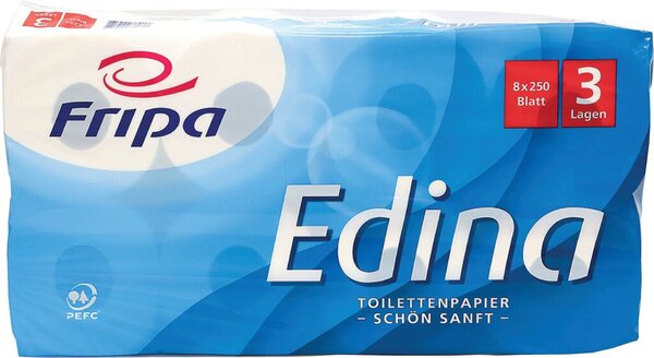 Toilettenpapier Edina, 3-lagig, hochweiß, mit Dekorprägung, 250 Blatt/Rolle, 8 Rollen/Packung