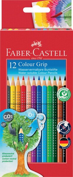 Buntstift COLOUR GRIP, Minenstärke 3,3 mm, Härtegrad weich, Schaftform Dreikant, wasservermalbar, 12 Stück, Kartonetui, sortiert