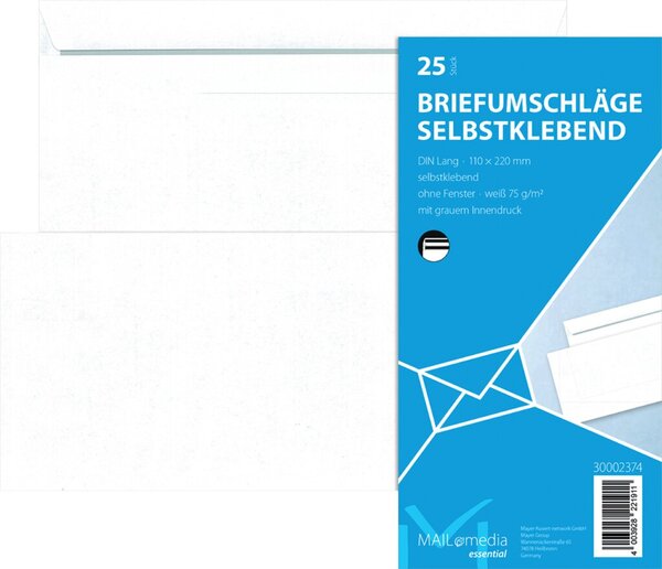 Briefumschlag DIN lang, ohne Fenster, selbstklebend, weiß, 75g/qm, 25 Stück