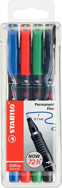Folienstift OHPen universal, Strichstärke F - 0,7 mm, permanent/wasserfest, nachfüllbar, 4er Etui, sortiert, schwarz, blau, rot, grün