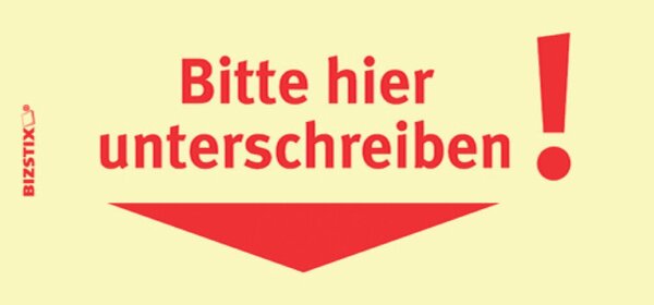 Haftnotizen gelb, 75 x 35 mm, "Bitte hier unterschreiben, Pfeil nach unten", 100 Blatt pro Block