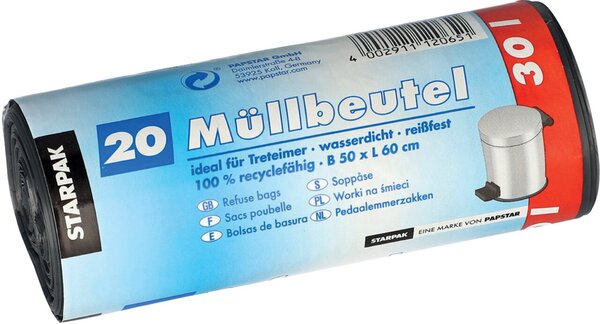 Abfallbeutel, 30 Liter, 17 my, grau, LDPE-Folie (virgin), 500 x 600 mm, 1 Rolle à 20 Beutel
