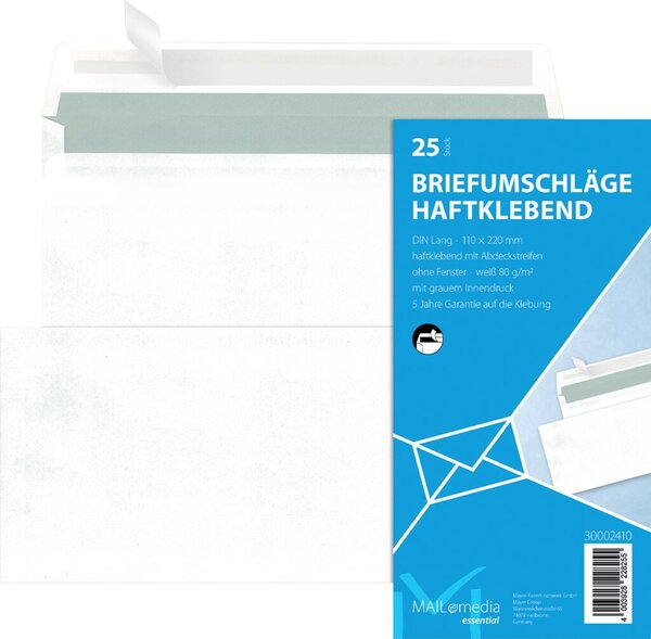 Briefumschlag DIN lang, ohne Fenster, haftklebend, weiß, 80g/qm, 25 Stück