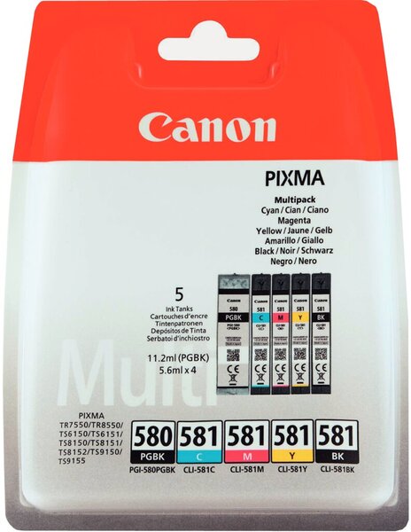 Multipack Tintenpatrone PGI-580 / CLI581, für Canon Drucker, 1 x 11,2 ml, 4 x 5,6 ml, BK/C/M/Y