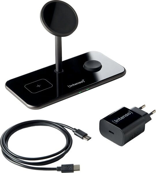 Magnetic Wireless Charger 3in1, MB13, Aluminiumgehäuse, magnetisches Induktionsladepad für Smartphone, Kopfhörer und Uhr, Oberfläche aus gehärtetem Glas, schwarz