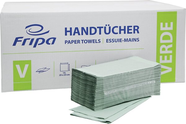 Handtuchpapier VERDE, 25 x 23 cm, Falzung V-Falz/ZZ-Falz, 1-lagig, grün, Recycling, 20 Pack à 250 Blatt/Karton
