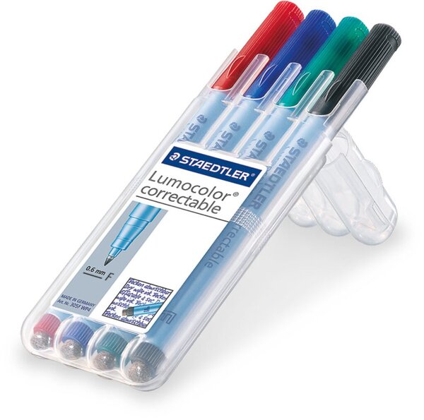 Folienstift Lumocolor® correctable, Strichstärke F - 0,6 mm, non-permanent/wasserlöslich, nachfüllbar, 4er Etui, sortiert, schwarz, blau, rot, grün