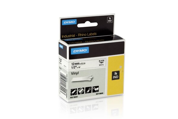 Schriftband für Rhino 4200 / 5200, 12 mm breit / 5,5 m lang, schwarz auf weiß, Vinylband mit Rückseitenschlitzung