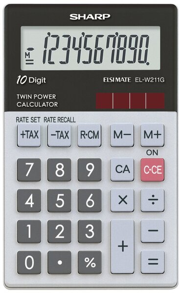 Taschenrechner EL-W211G-GY, Glastopdesign, 10-stellig, Solar-/Batteriebetrieb, weiß