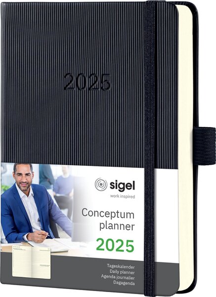 Tageskalender CONCEPTUM® 2025, DIN A6, 1 Tag/1 Seite, Hardcover, 400 Seiten, Gummibandverschluss, Stiftschlaufe, schwarz
