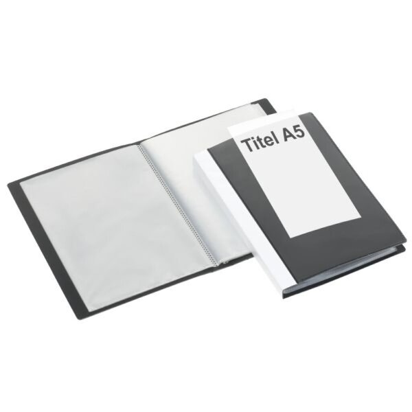 Sichtbuch, DIN A5, 40 Hüllen, Außentasche, Rückenschildtasche, Rücken 27 mm, 225 x 162 x 27 mm, schwarz