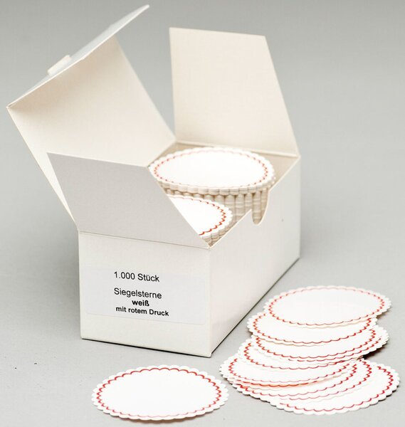 Siegelsterne Ø 51 mm, gummiert, gewellter Rand, 1000 Stück, weiß mit rotem Rand