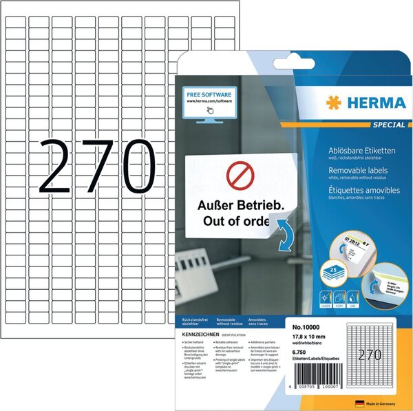 Ablösbare Etiketten 17,8 x 10 mm, 6.750 Etiketten, matt, Packung mit 25 Blatt, weiß