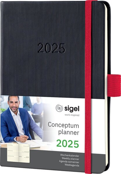 Wochenkalender CONCEPTUM® 2025, DIN A6, 1 Woche/2 Seiten, 176 Seiten, Gummibandverschluss Stiftschlaufe, Hardcover, schwarz/rot