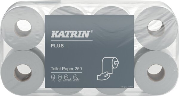 Toilettenpapier Katrin Plus, toilet 250, 3-lagig, hochweiß, 250 Blatt/Rolle, 8 Rollen/Packung