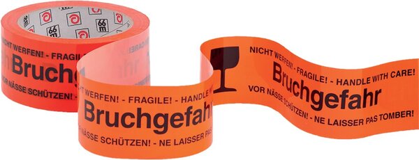 PP Klebeband "Bruchgefahr", 66 m x 50 mm, orange
