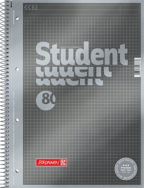 Collegeblock Premium Student Protokoll, 80 Blatt, 90g/qm, kariert, Rand und Kopfzeile, DIN A4, anthrazit