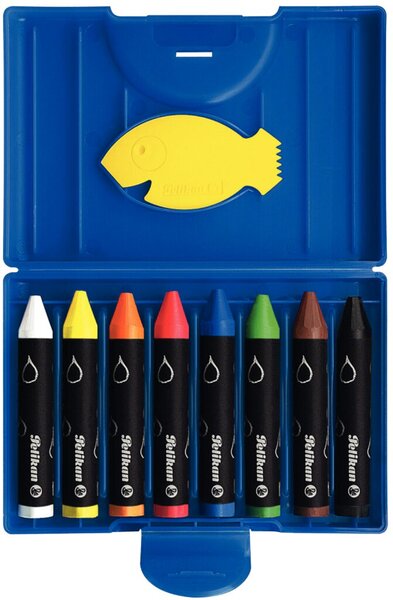 Wachsmalstifte, rund, wasservermalbar, Kunststoff-Etui, Schaber, blau, 8 Stück