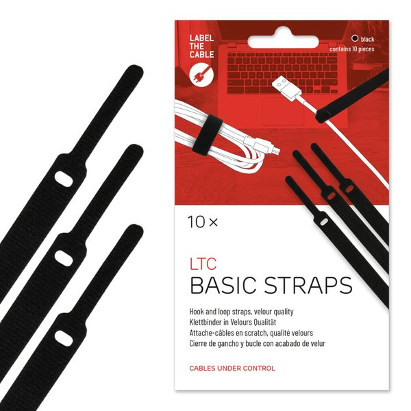 Klettbinder-/verschluß Basic, 17 cm, doppelseitiger Kabelbinder, mit Fixierungs-Schlaufe, schwarz, 10 Stück