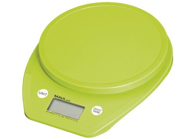 Briefwaage MAULgoal, hellgrün, Tragkraft 5000g, Teilung 1g, Wiegefläche Ø 15 cm, 3 x 16 x 20 cm