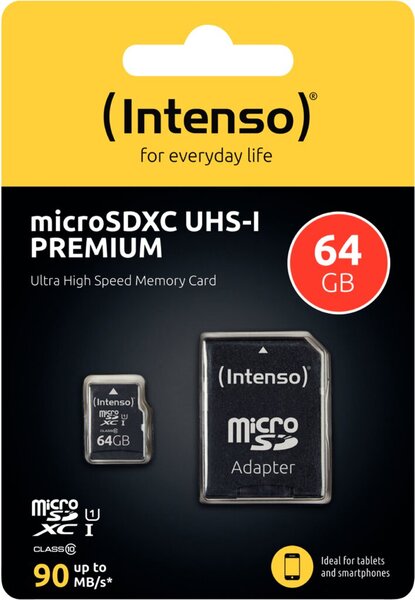 Micro-SD UHS I Speicherkarte, 64 GB, Premium, inkl. SD-Adapter für Tablets und Smartphones
