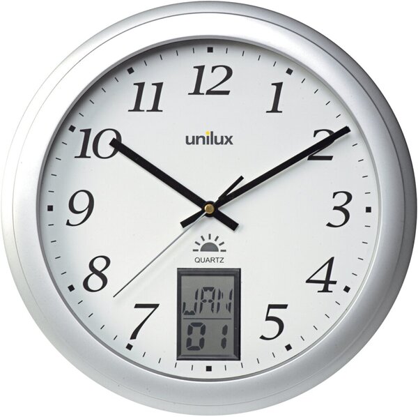 Wanduhr INSTINCT, silber, Ø 30,5 cm, Funkuhr, 3 Zeiger (Stunde, Minute, Sekunde), schwarze Ziffern und Zeiger auf weißem Grund, zusätzliche LCD-Anzeige