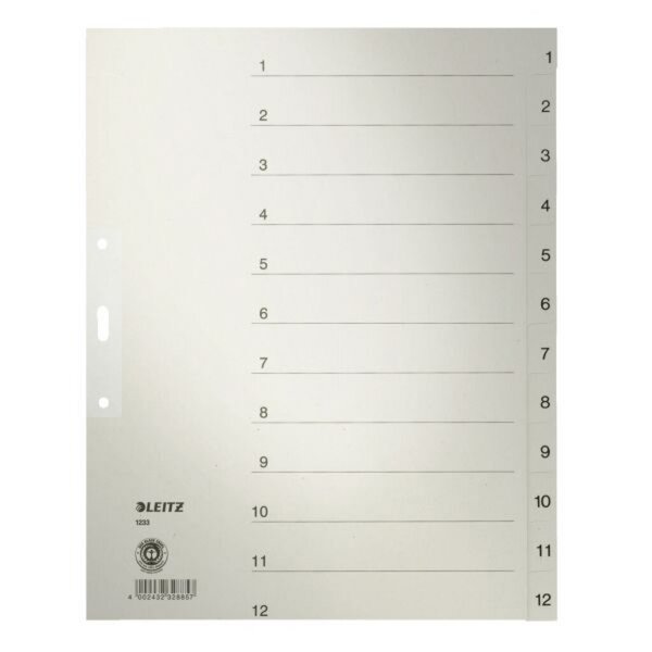 Papierregister, DIN A4 Überbreite, 12-teilig, 1 - 12, Linienaufdruck, 100g/qm, Tauenpapier, grau, 2-fach Lochung