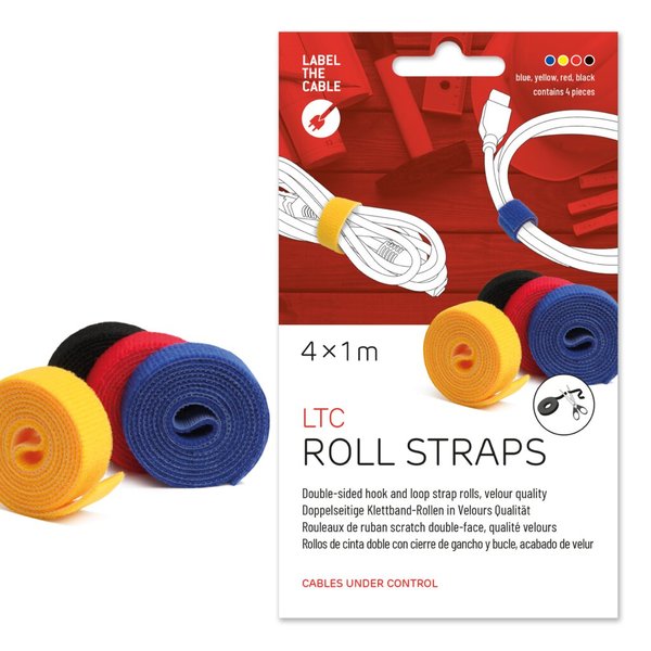 Klettbandrolle, 16 mm x 1 m, doppelseitiger Kabelbinder, 1 x rot, 1 x blau, 1 x gelb, 1 x schwarz, 4 Stück